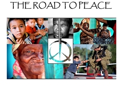 [ai] A collage of diverse faces and scenes representing peace. Features children, a soldier, and expressions of joy and resilience, with a central peace symbol intertwined with scissors, and the phrase "THE ROAD TO PEACE" at the top.